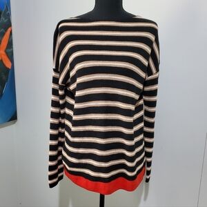 Lou & Grey Striped Sweater S Black Cream Tan Red Hem Parisian Knit Top
